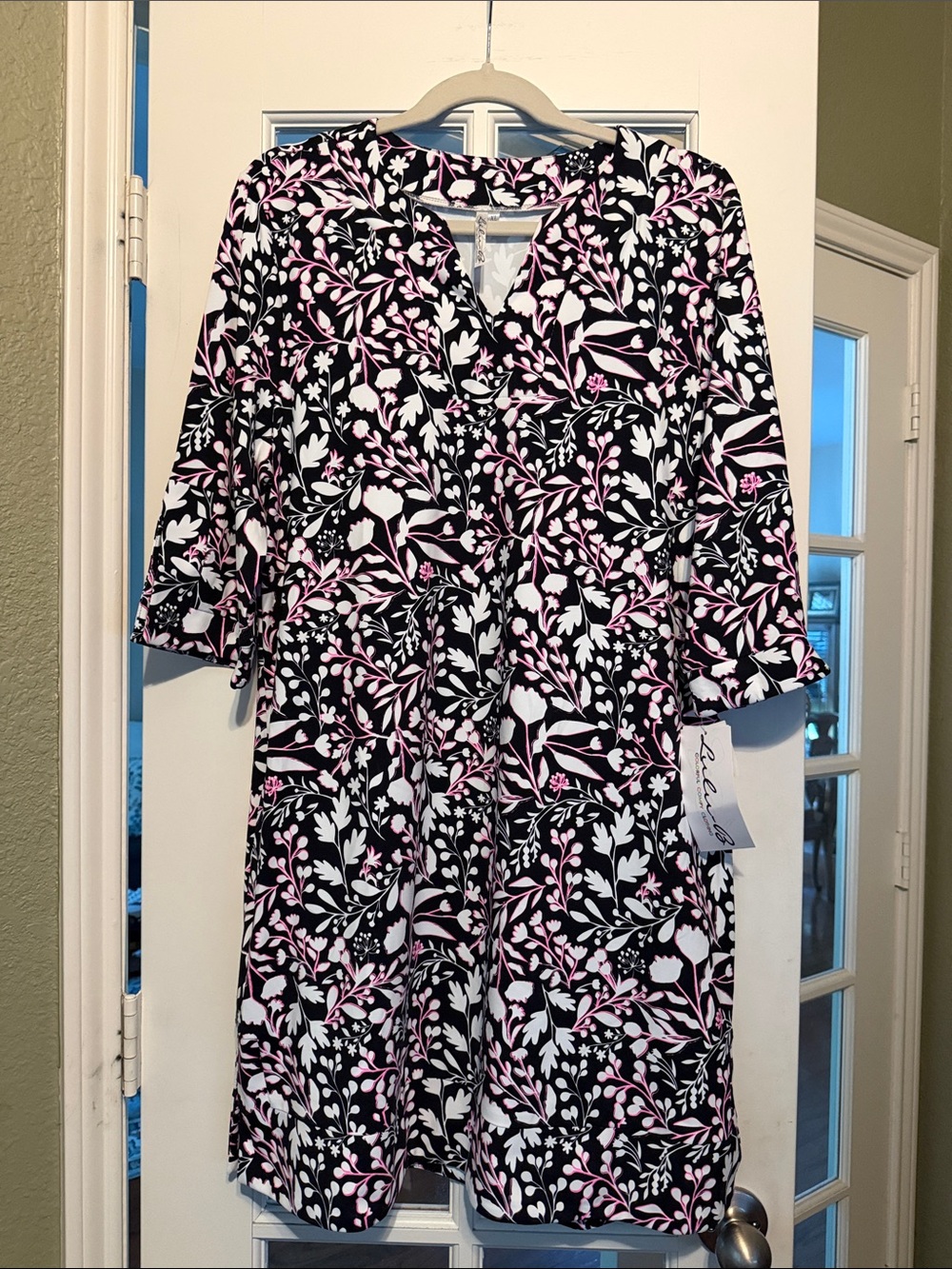 Lulu-B Black Floral Shift Dress with Pink & White Print